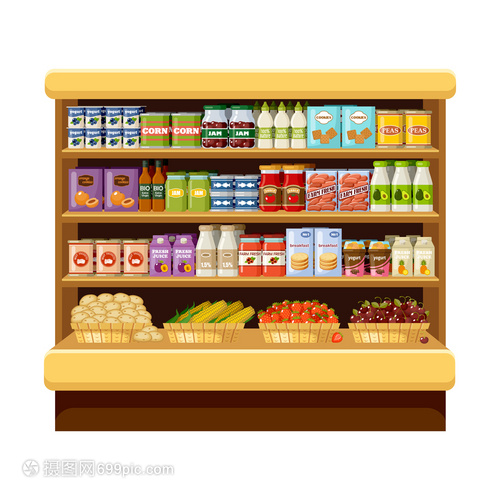 超市乳品區(qū) 儲(chǔ)藏室與貨架的矢量平插圖解